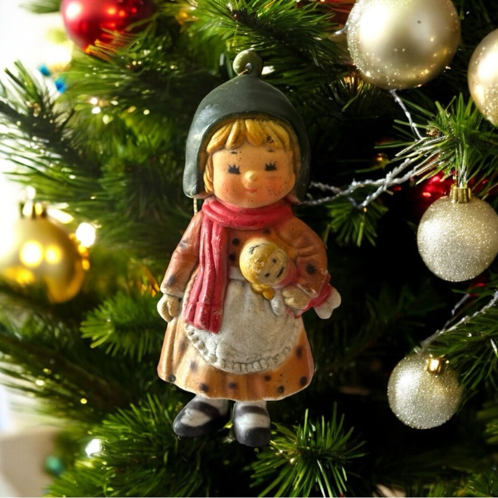 Vtg Adorable Austrian Little Girl in Orange Dress Carrying A Doll Xmas Ornament